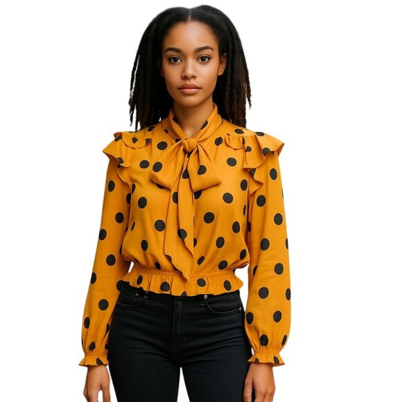 Farm Rio Tops - Farm Rio XS Mustard Yellow Polka Dot Ruffle Sheer Blouse NWT
